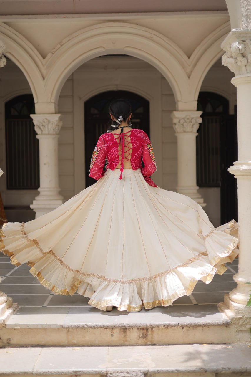 Off White Kora Cotton Gota-Patti Lehenga with Pink Bandhani Kutchi Patchwork Top ClothsVilla