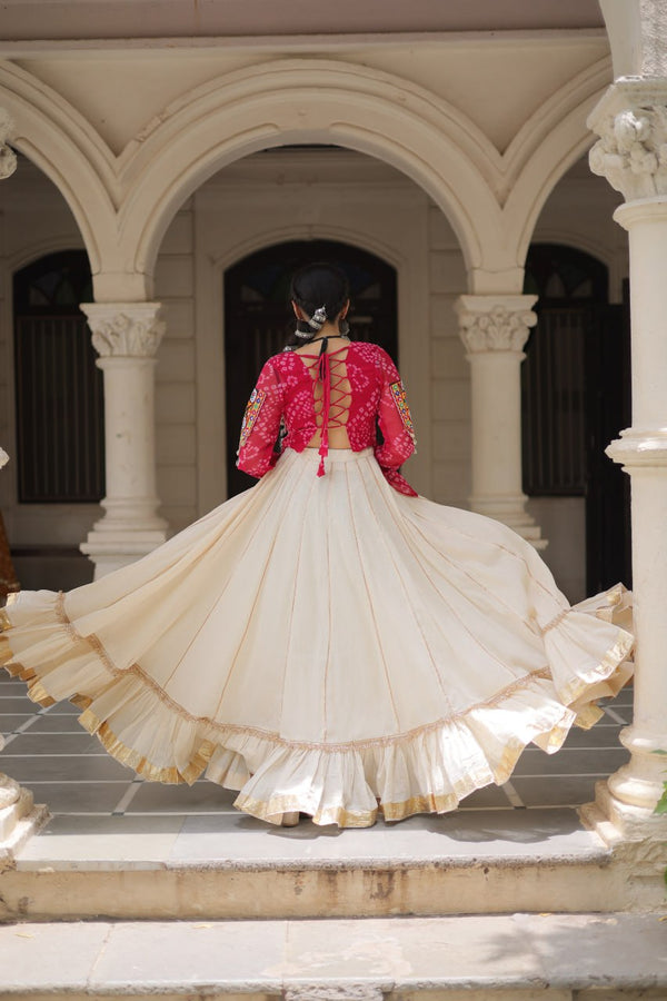 Off White Kora Cotton Gota-Patti Lehenga with Pink Bandhani Kutchi Patchwork Top ClothsVilla