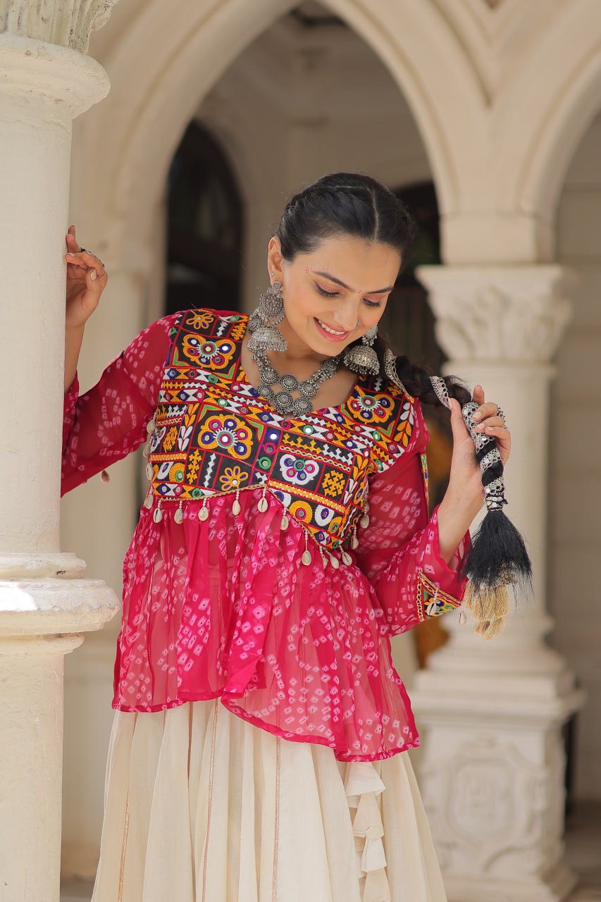 Off White Kora Cotton Gota-Patti Lehenga with Pink Bandhani Kutchi Patchwork Top ClothsVilla