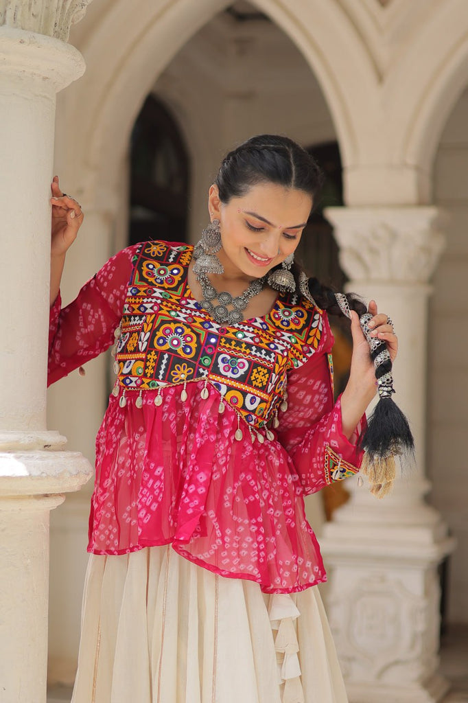 Off White Kora Cotton Gota-Patti Lehenga with Pink Bandhani Kutchi Patchwork Top ClothsVilla