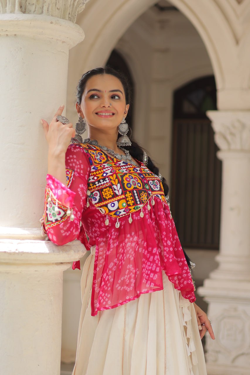 Off White Kora Cotton Gota-Patti Lehenga with Pink Bandhani Kutchi Patchwork Top ClothsVilla
