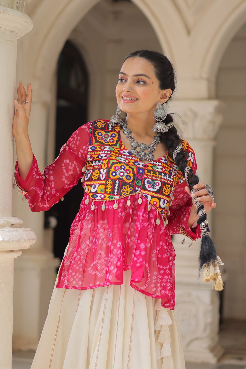 Off White Kora Cotton Gota-Patti Lehenga with Pink Bandhani Kutchi Patchwork Top ClothsVilla