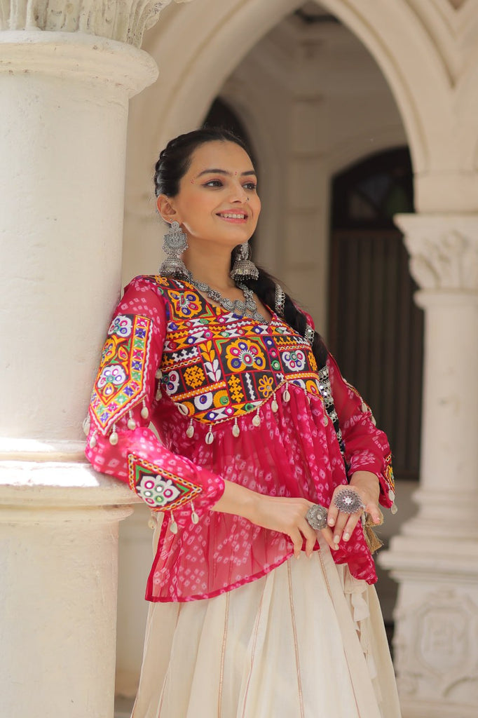 Off White Kora Cotton Gota-Patti Lehenga with Pink Bandhani Kutchi Patchwork Top ClothsVilla