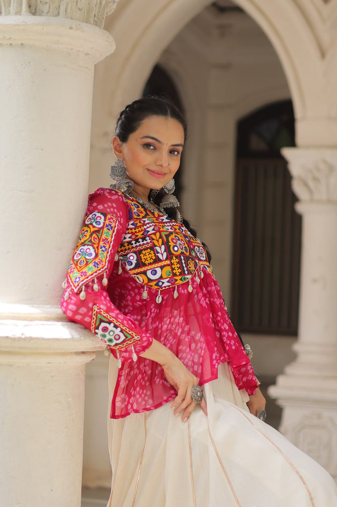Off White Kora Cotton Gota-Patti Lehenga with Pink Bandhani Kutchi Patchwork Top ClothsVilla