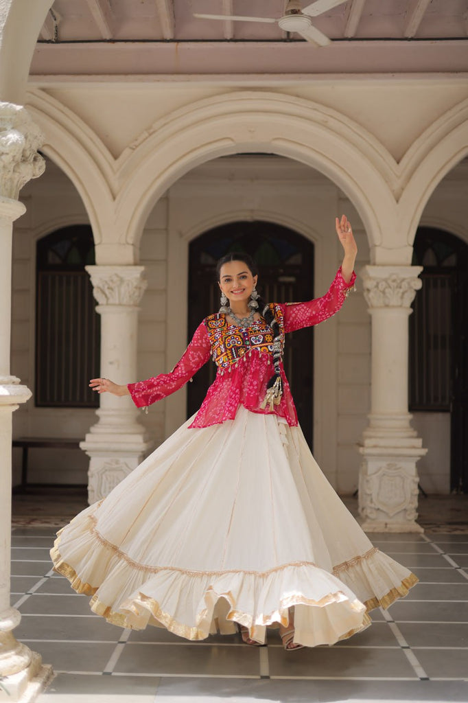 Off White Kora Cotton Gota-Patti Lehenga with Pink Bandhani Kutchi Patchwork Top ClothsVilla