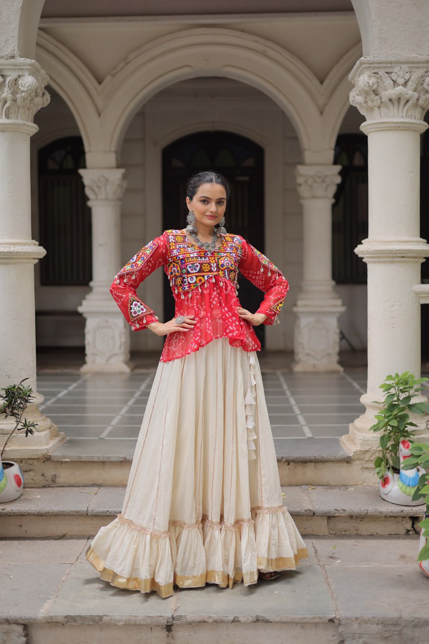 Off White Kora Cotton Gota-Patti Lehenga with Red Bandhani Kutchi Patchwork Top ClothsVilla Main image