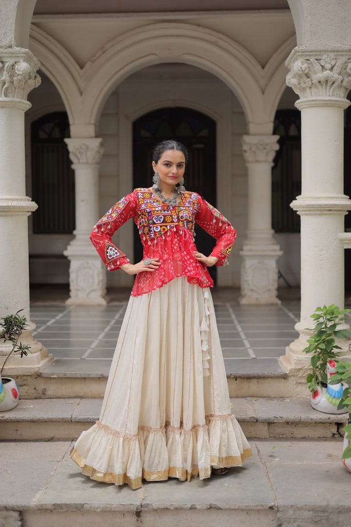 Off White Kora Cotton Gota-Patti Lehenga with Red Bandhani Kutchi Patchwork Top ClothsVilla