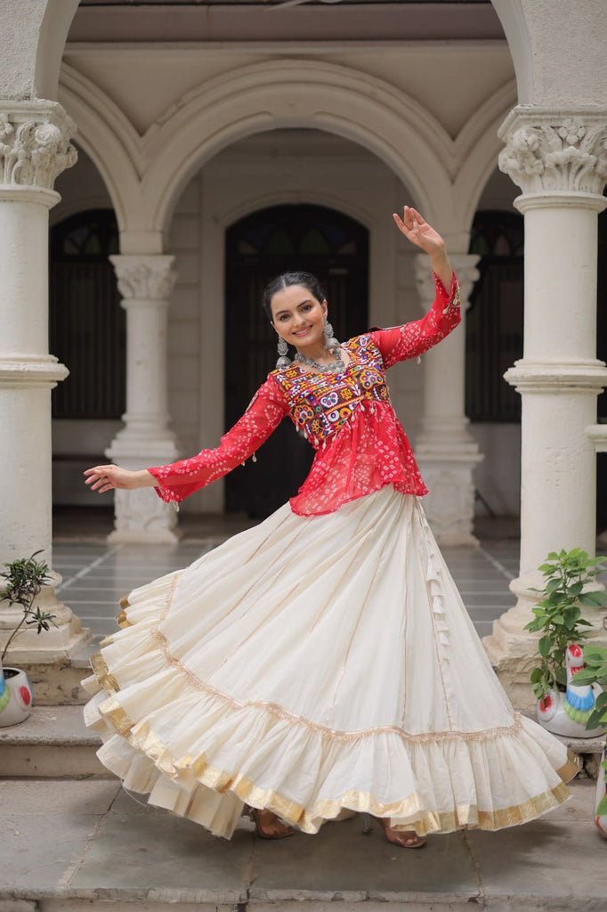 Off White Kora Cotton Gota-Patti Lehenga with Red Bandhani Kutchi Patchwork Top ClothsVilla