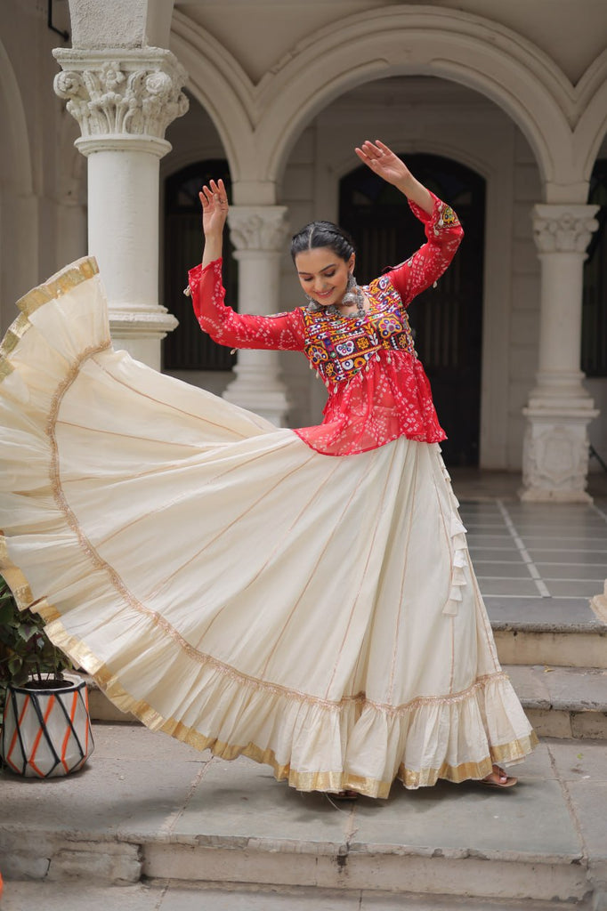 Off White Kora Cotton Gota-Patti Lehenga with Red Bandhani Kutchi Patchwork Top ClothsVilla