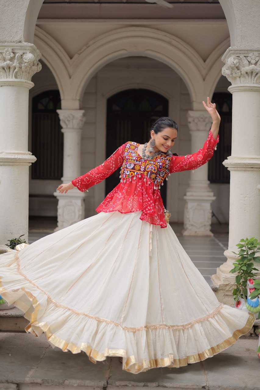 Off White Kora Cotton Gota-Patti Lehenga with Red Bandhani Kutchi Patchwork Top ClothsVilla
