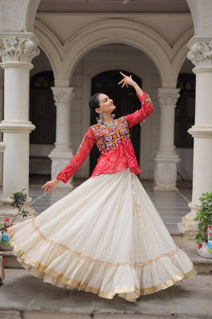 Off White Kora Cotton Gota-Patti Lehenga with Red Bandhani Kutchi Patchwork Top ClothsVilla