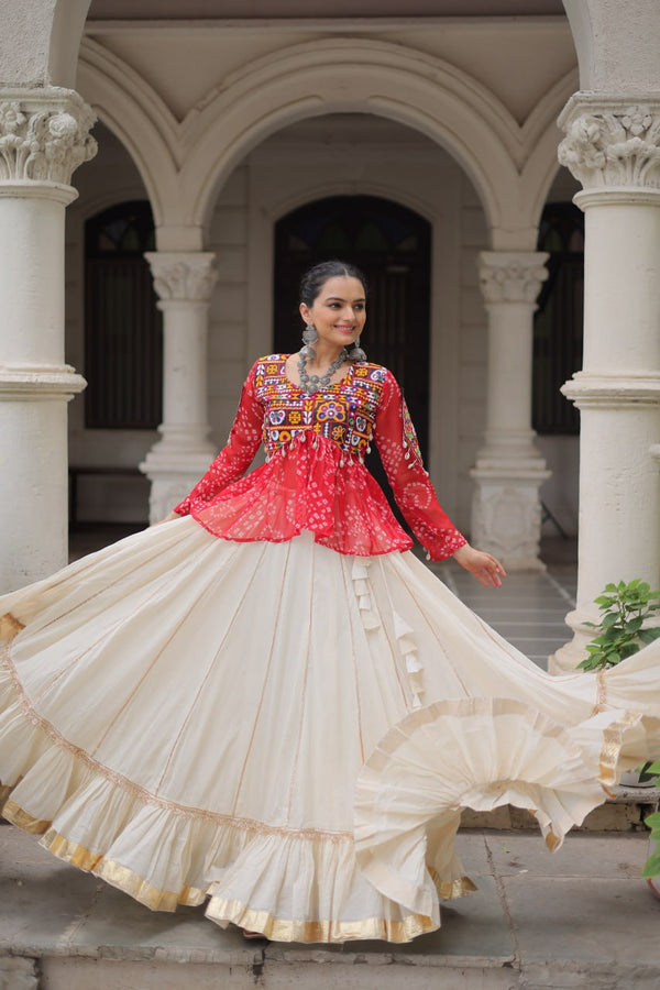 Off White Kora Cotton Gota-Patti Lehenga with Red Bandhani Kutchi Patchwork Top ClothsVilla