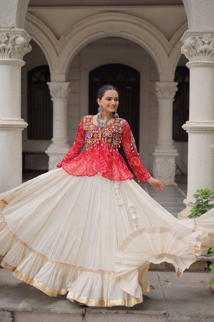 Off White Kora Cotton Gota-Patti Lehenga with Red Bandhani Kutchi Patchwork Top ClothsVilla