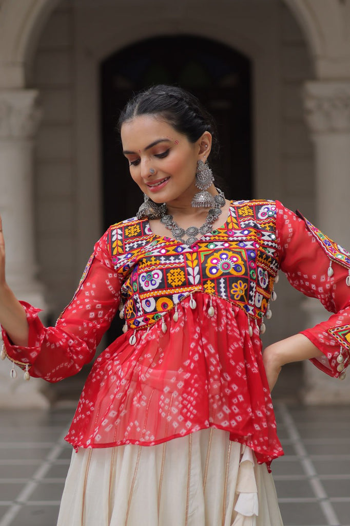 Off White Kora Cotton Gota-Patti Lehenga with Red Bandhani Kutchi Patchwork Top ClothsVilla