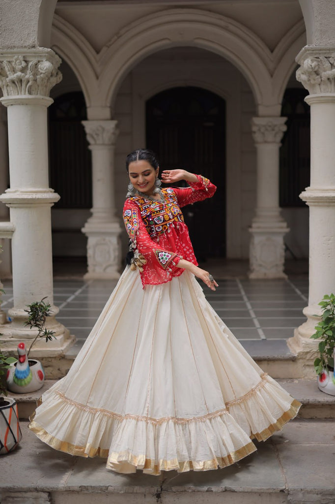Off White Kora Cotton Gota-Patti Lehenga with Red Bandhani Kutchi Patchwork Top ClothsVilla