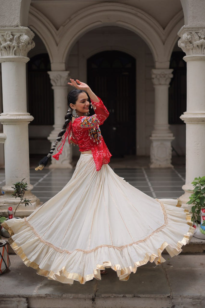 Off White Kora Cotton Gota-Patti Lehenga with Red Bandhani Kutchi Patchwork Top ClothsVilla