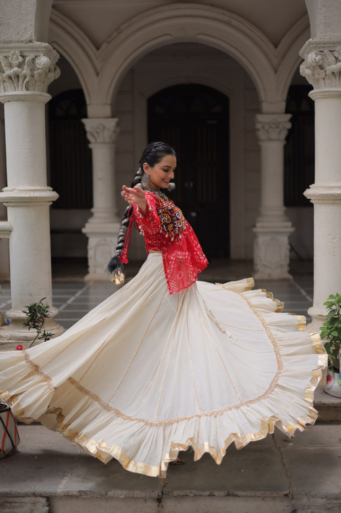 Off White Kora Cotton Gota-Patti Lehenga with Red Bandhani Kutchi Patchwork Top ClothsVilla