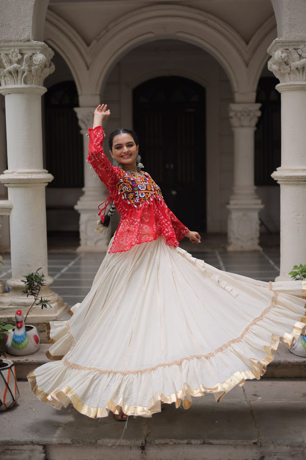Off White Kora Cotton Gota-Patti Lehenga with Red Bandhani Kutchi Patchwork Top ClothsVilla