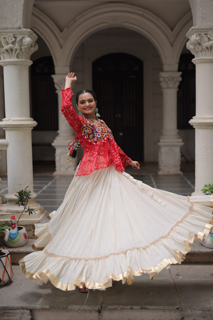 Off White Kora Cotton Gota-Patti Lehenga with Red Bandhani Kutchi Patchwork Top ClothsVilla