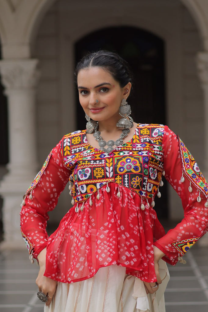 Off White Kora Cotton Gota-Patti Lehenga with Red Bandhani Kutchi Patchwork Top ClothsVilla