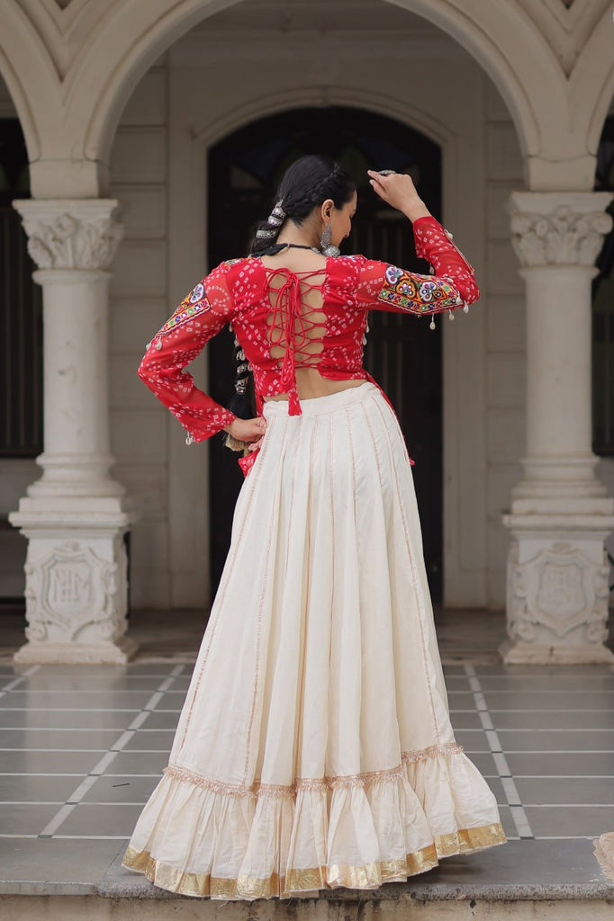 Off White Kora Cotton Gota-Patti Lehenga with Red Bandhani Kutchi Patchwork Top ClothsVilla