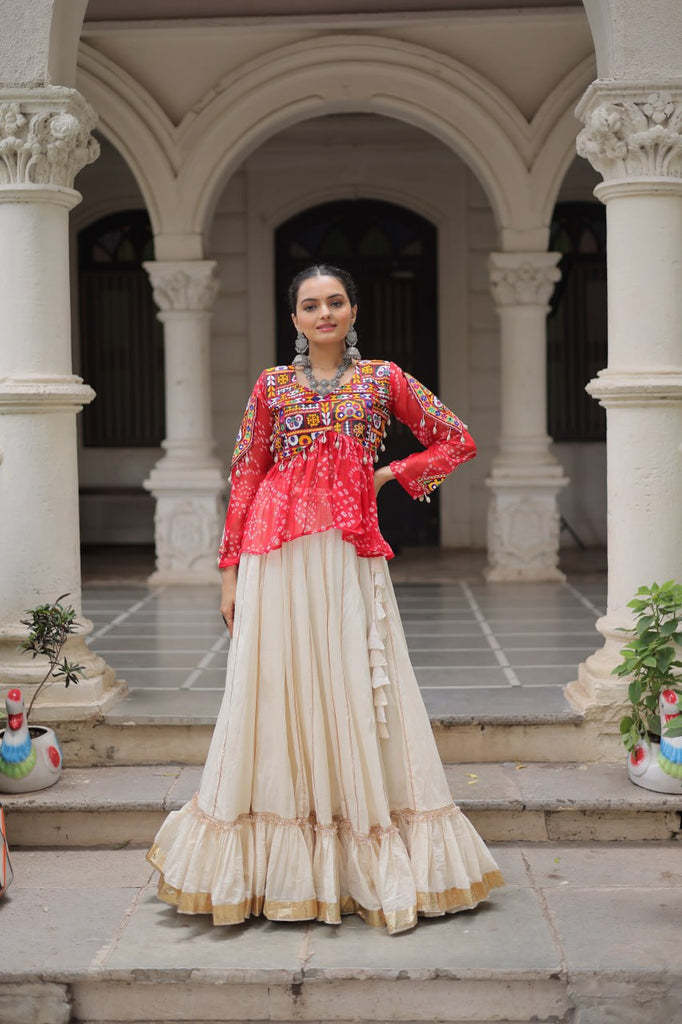 Off White Kora Cotton Gota-Patti Lehenga with Red Bandhani Kutchi Patchwork Top ClothsVilla