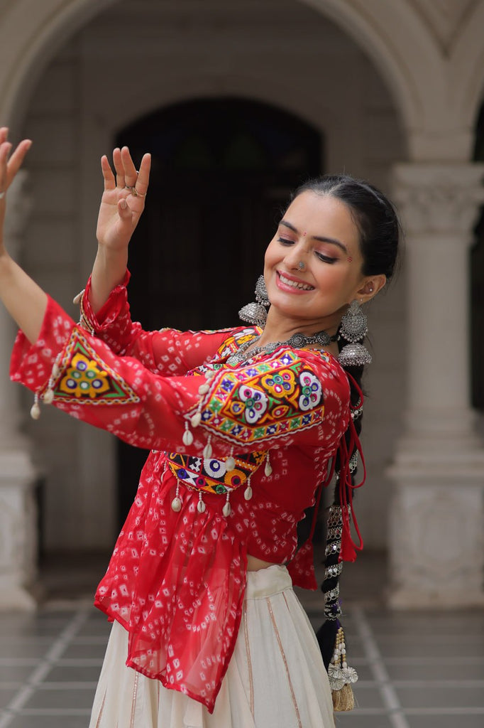 Off White Kora Cotton Gota-Patti Lehenga with Red Bandhani Kutchi Patchwork Top ClothsVilla