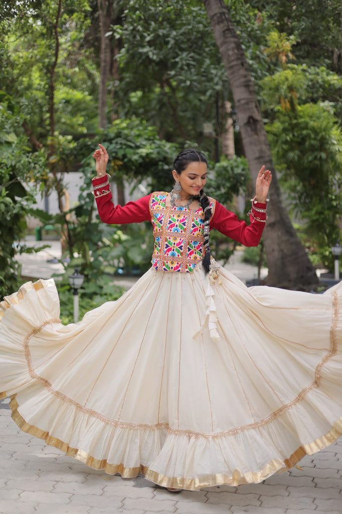 Off White Kora Cotton Gota-Patti Lehenga with Red Roman Silk Embroidered Blouse ClothsVilla