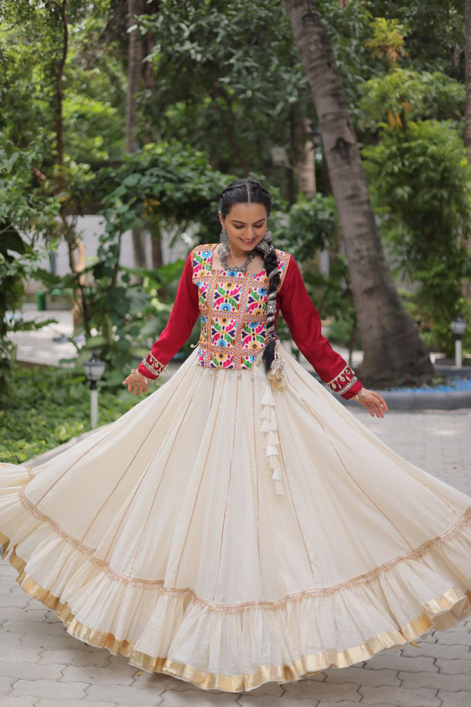 Off White Kora Cotton Gota-Patti Lehenga with Red Roman Silk Embroidered Blouse ClothsVilla