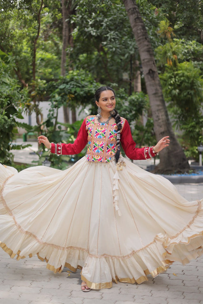 Off White Kora Cotton Gota-Patti Lehenga with Red Roman Silk Embroidered Blouse ClothsVilla