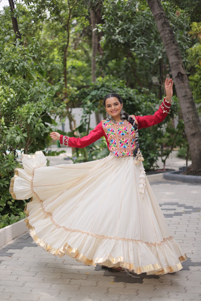 Off White Kora Cotton Gota-Patti Lehenga with Red Roman Silk Embroidered Blouse ClothsVilla