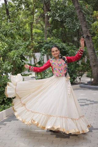 Off White Kora Cotton Gota-Patti Lehenga with Red Roman Silk Embroidered Blouse ClothsVilla