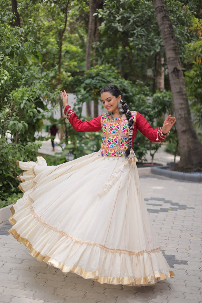 Off White Kora Cotton Gota-Patti Lehenga with Red Roman Silk Embroidered Blouse ClothsVilla