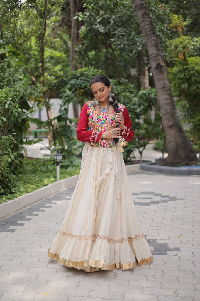 Off White Kora Cotton Gota-Patti Lehenga with Red Roman Silk Embroidered Blouse ClothsVilla