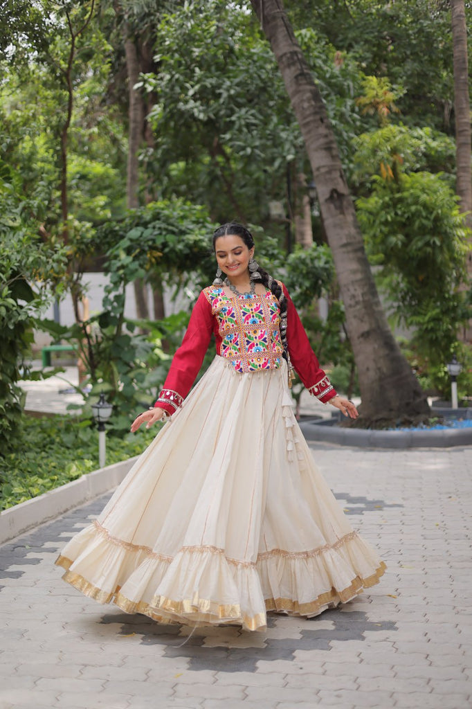 Off White Kora Cotton Gota-Patti Lehenga with Red Roman Silk Embroidered Blouse ClothsVilla