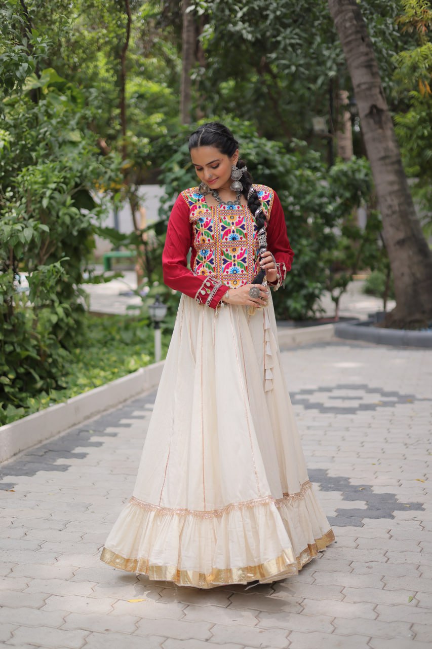 Off White Kora Cotton Gota-Patti Lehenga with Red Roman Silk Embroidered Blouse ClothsVilla