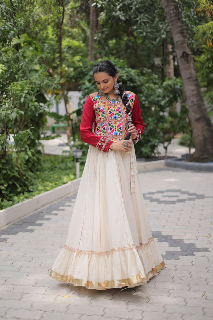 Off White Kora Cotton Gota-Patti Lehenga with Red Roman Silk Embroidered Blouse ClothsVilla