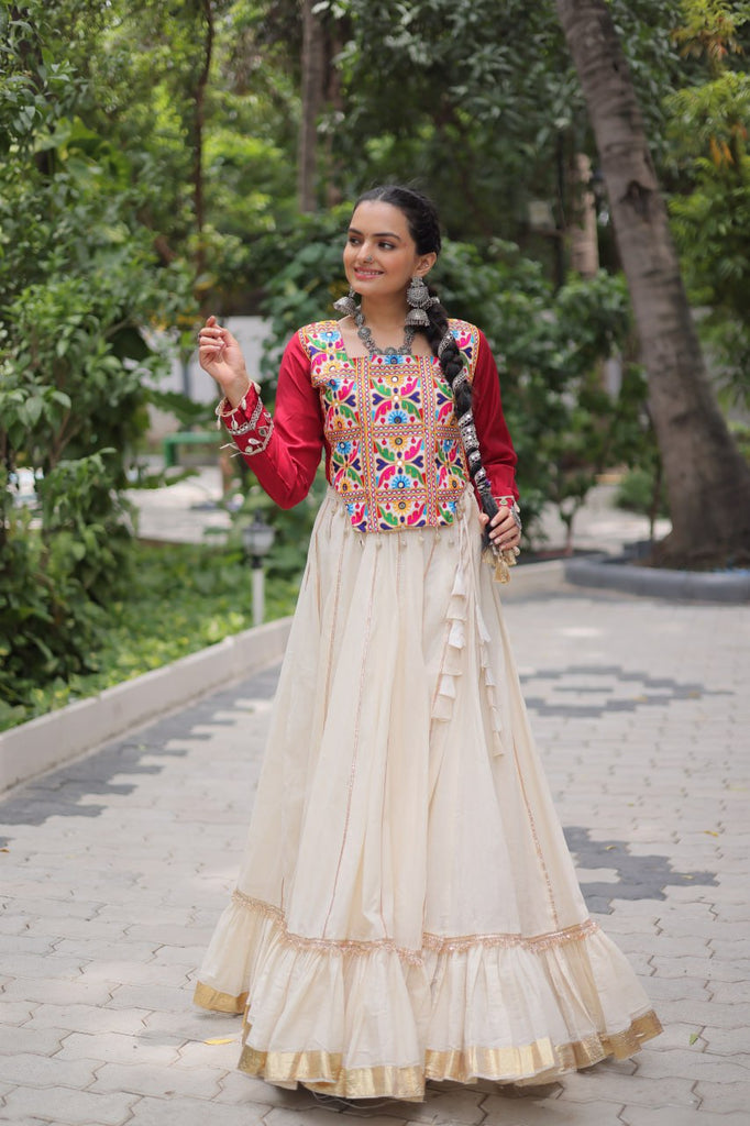 Off White Kora Cotton Gota-Patti Lehenga with Red Roman Silk Embroidered Blouse ClothsVilla