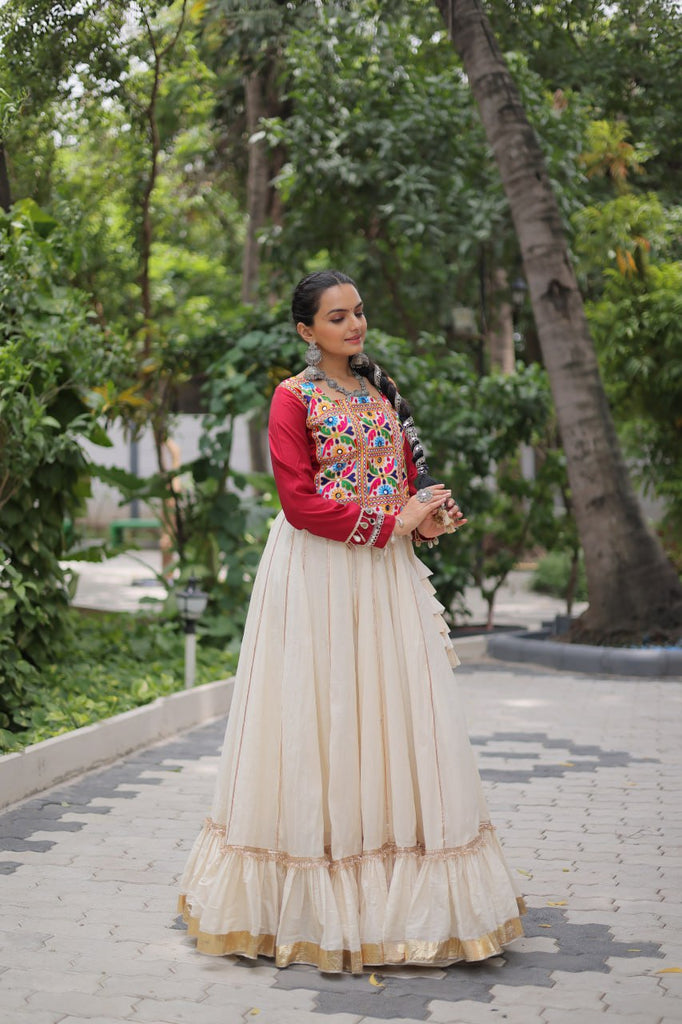 Off White Kora Cotton Gota-Patti Lehenga with Red Roman Silk Embroidered Blouse ClothsVilla
