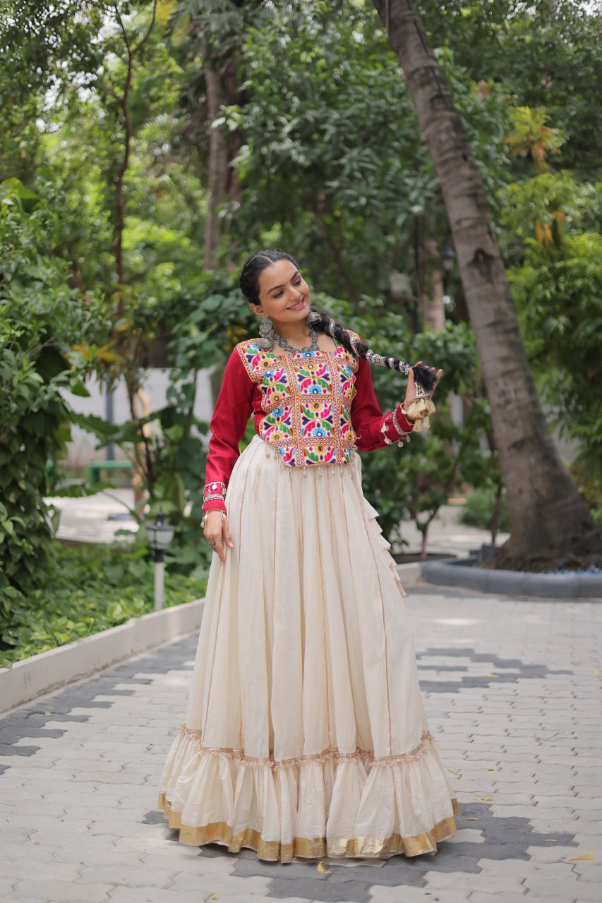 Off White Kora Cotton Gota-Patti Lehenga with Red Roman Silk Embroidered Blouse ClothsVilla