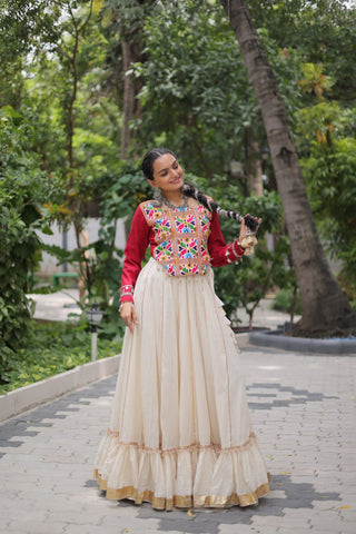 Off White Kora Cotton Gota-Patti Lehenga with Red Roman Silk Embroidered Blouse ClothsVilla
