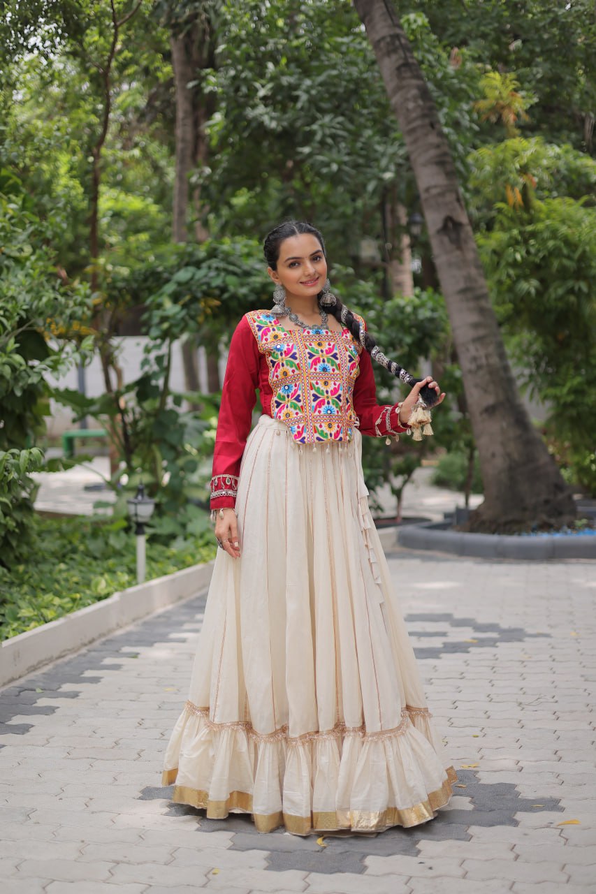 Off White Kora Cotton Gota-Patti Lehenga with Red Roman Silk Embroidered Blouse ClothsVilla