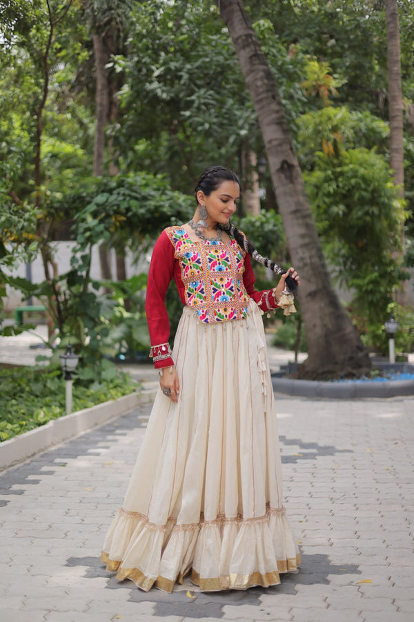 Off White Kora Cotton Gota-Patti Lehenga with Red Roman Silk Embroidered Blouse ClothsVilla