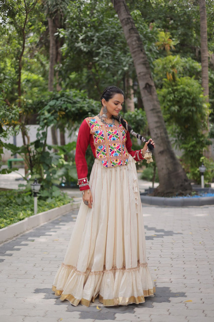 Off White Kora Cotton Gota-Patti Lehenga with Red Roman Silk Embroidered Blouse ClothsVilla