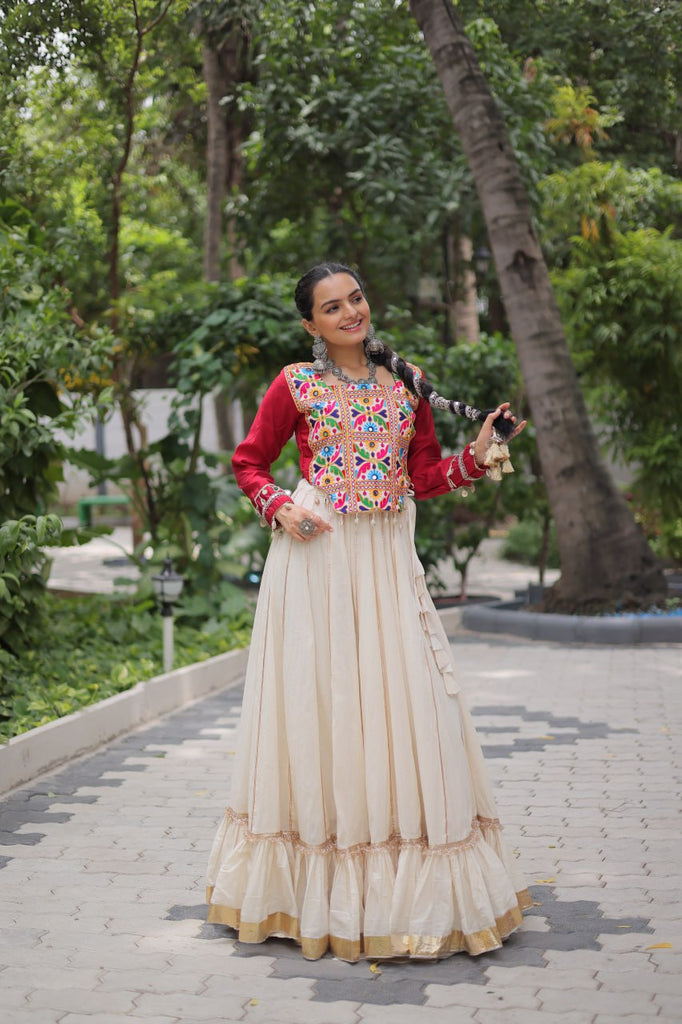 Off White Kora Cotton Gota-Patti Lehenga with Red Roman Silk Embroidered Blouse ClothsVilla