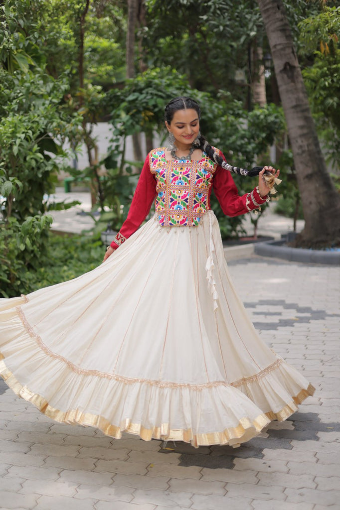 Off White Kora Cotton Gota-Patti Lehenga with Red Roman Silk Embroidered Blouse ClothsVilla