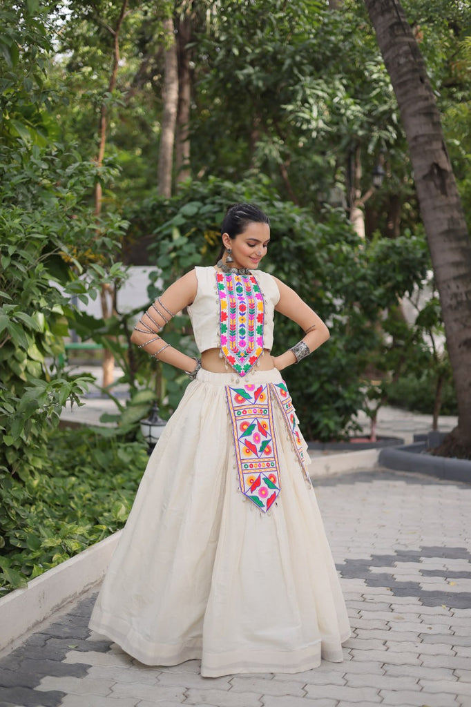Off White Kora Cotton Lehenga Choli Set with Traditional Kutchi Gamthi Work ClothsVilla