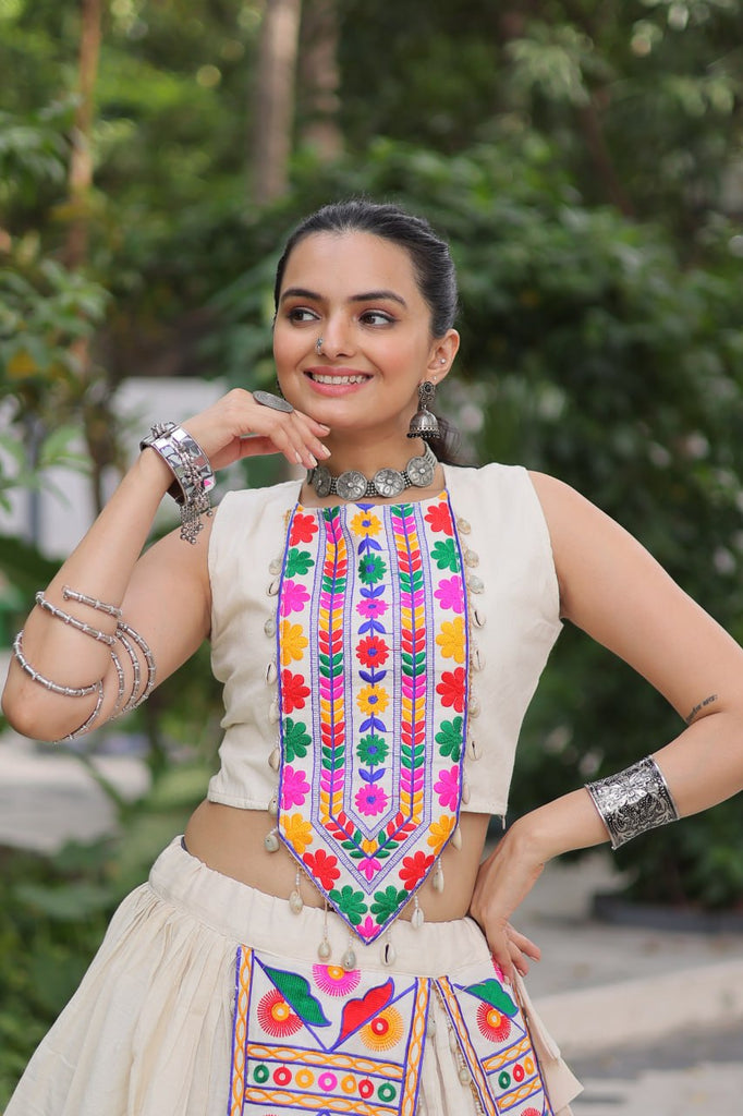 Off White Kora Cotton Lehenga Choli Set with Traditional Kutchi Gamthi Work ClothsVilla