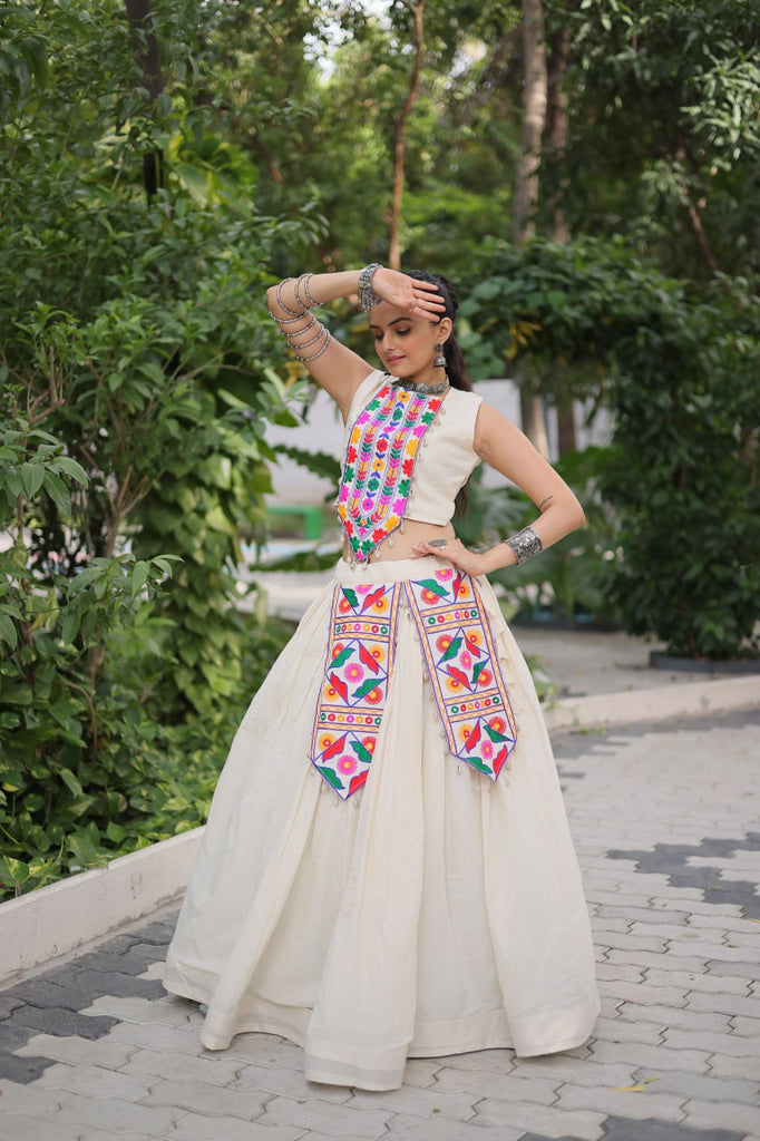 Off White Kora Cotton Lehenga Choli Set with Traditional Kutchi Gamthi Work ClothsVilla