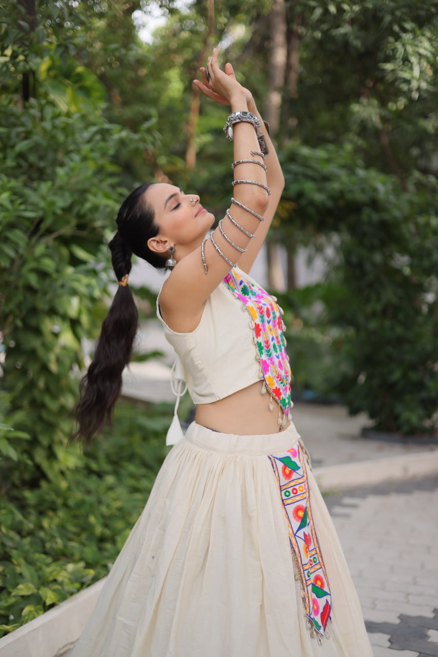 Off White Kora Cotton Lehenga Choli Set with Traditional Kutchi Gamthi Work ClothsVilla
